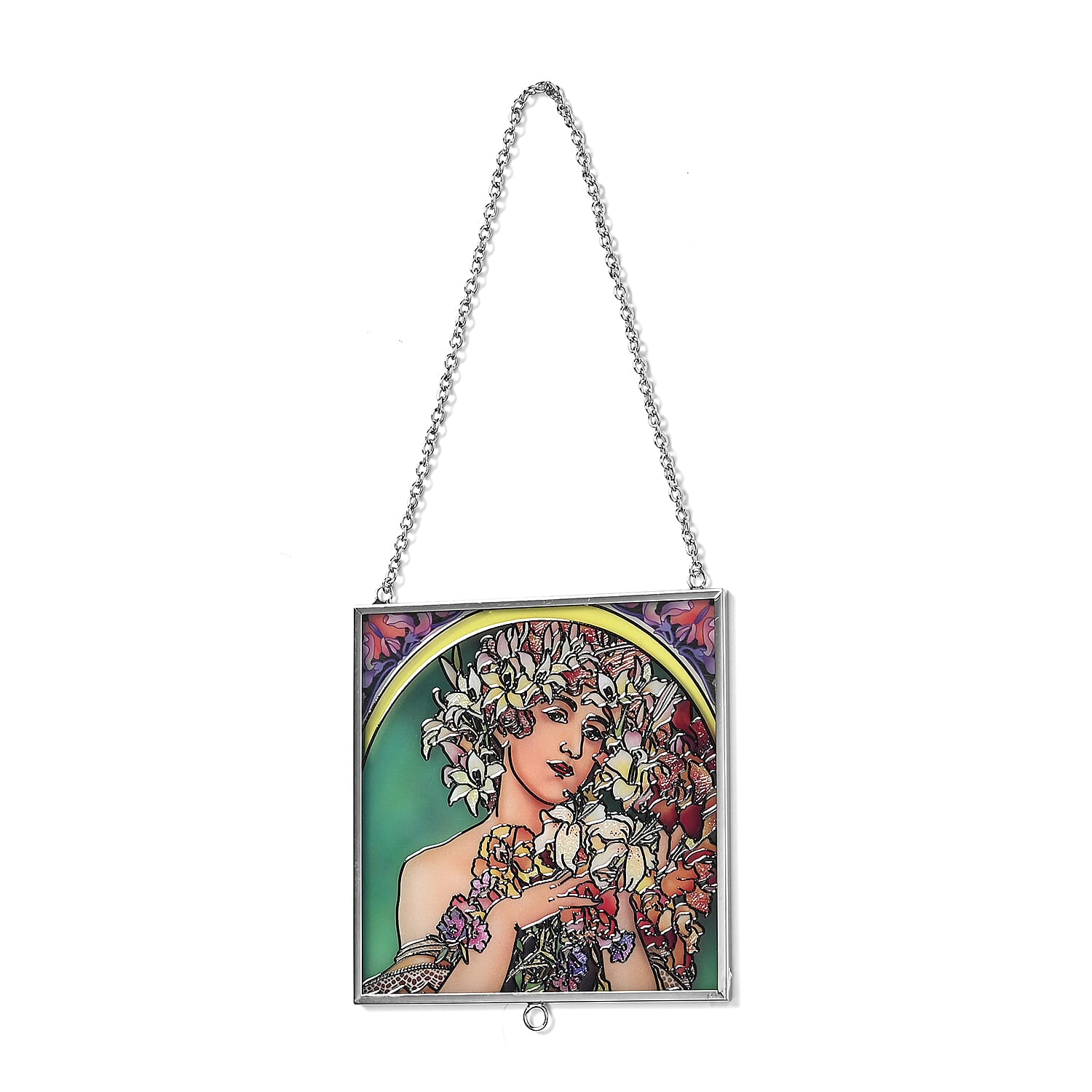 Alphonse Maria Mucha Glass Suncatcher - Square Pendant with Chain & Silver Frame - Multicolour