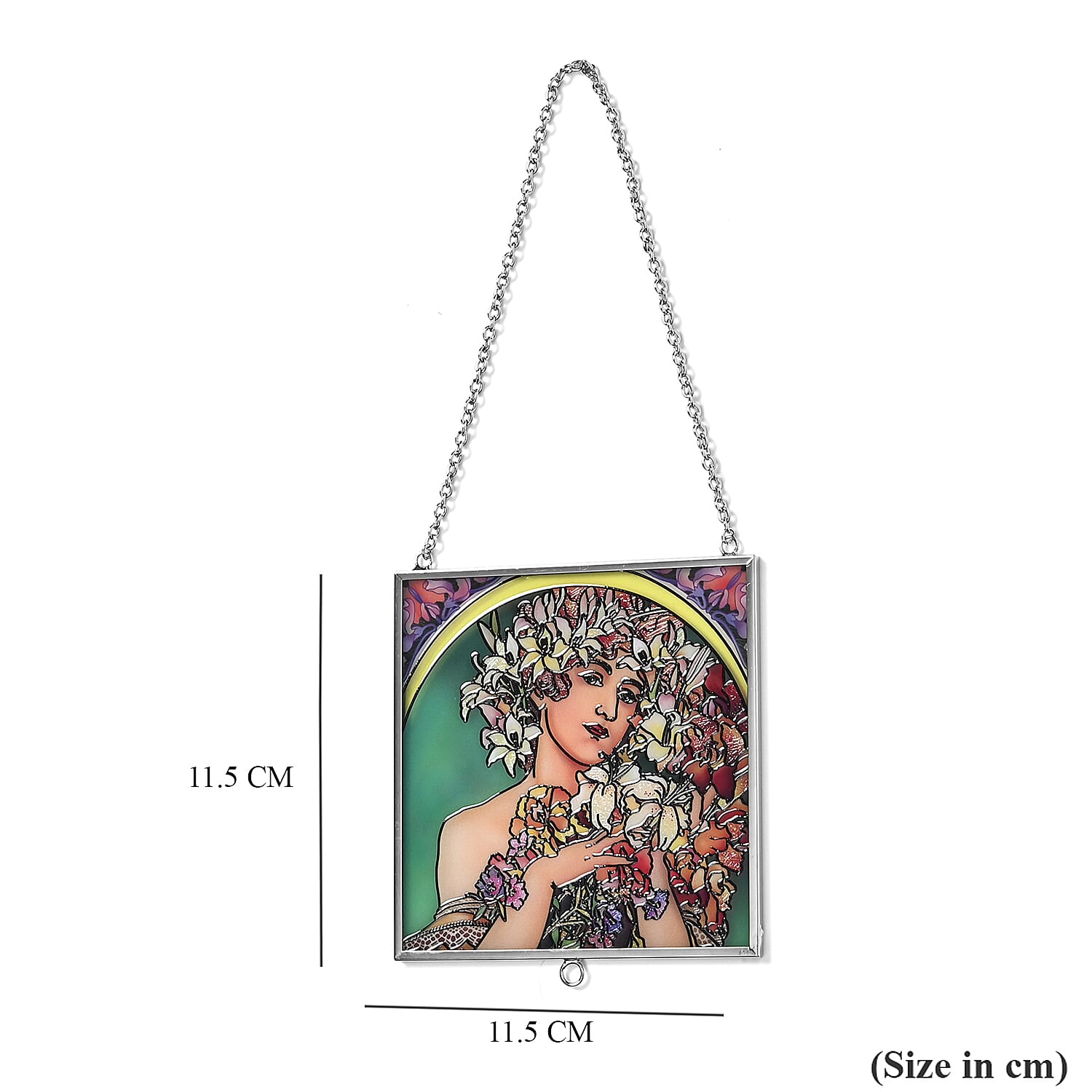 Alphonse Maria Mucha Glass Suncatcher - Square Pendant with Chain & Silver Frame - Multicolour