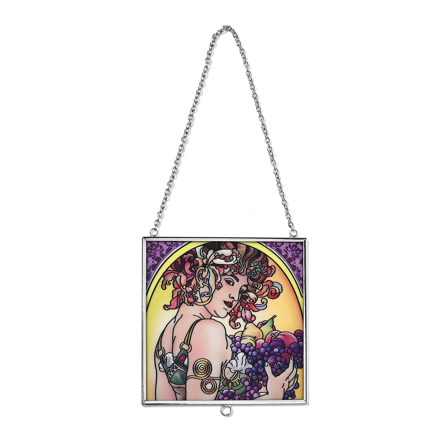 Alphonse Maria Mucha Glass Suncatcher - Square Pendant with Chain & Silver Frame - Multicolour