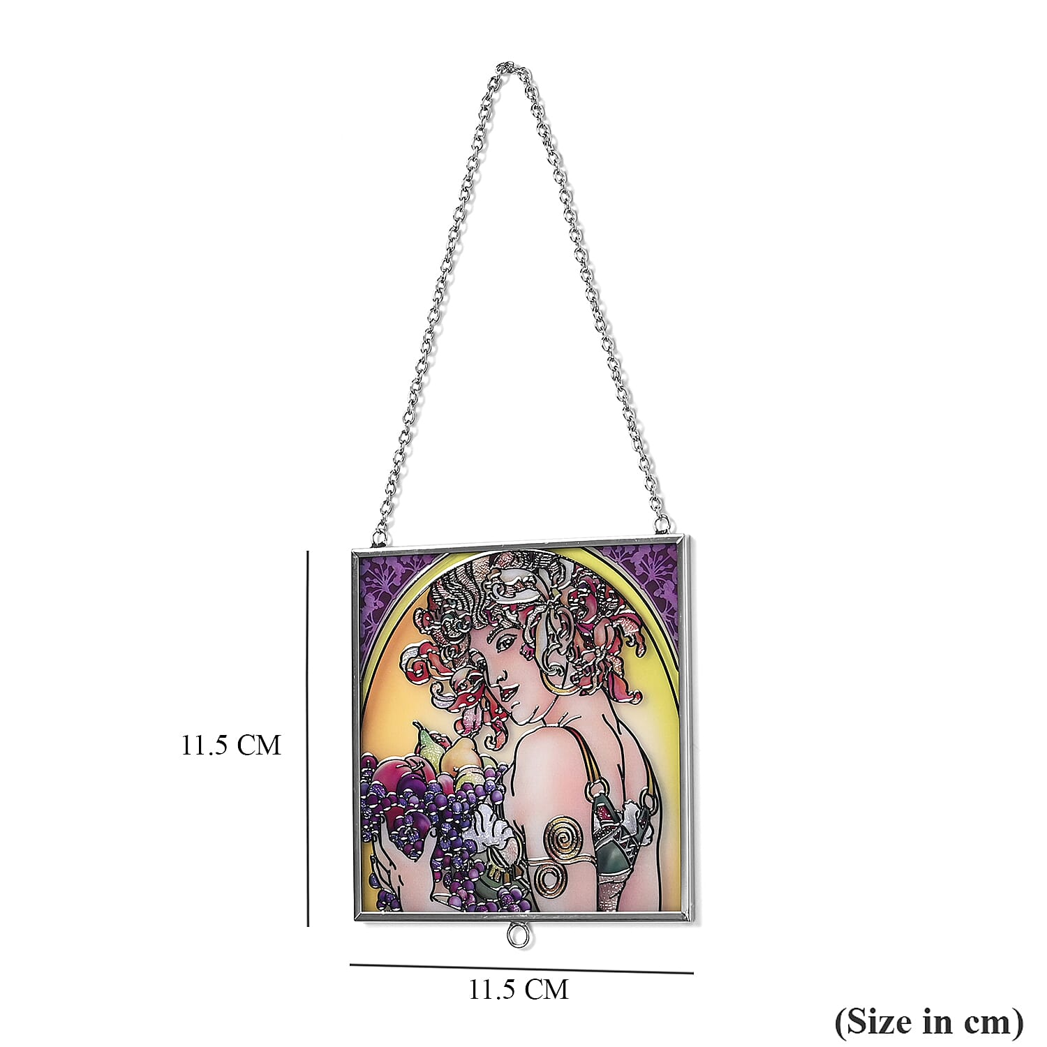 Alphonse Maria Mucha Glass Suncatcher - Square Pendant with Chain & Silver Frame - Multicolour