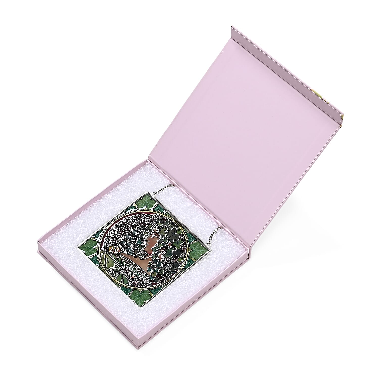 Alphonse Maria Mucha Glass Suncatcher - Square Pendant with Chain & Silver Frame - Multicolour
