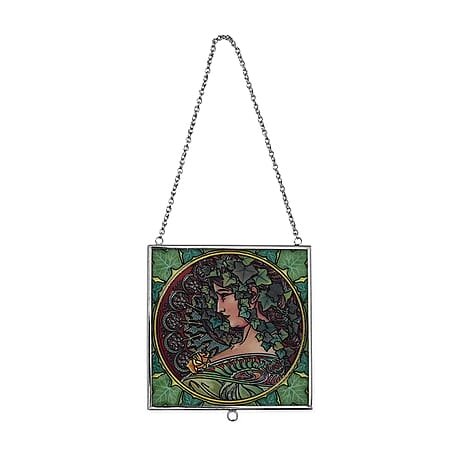Alphonse Maria Mucha Glass Suncatcher - Square Pendant with Chain - Silver Frame - Dark Green
