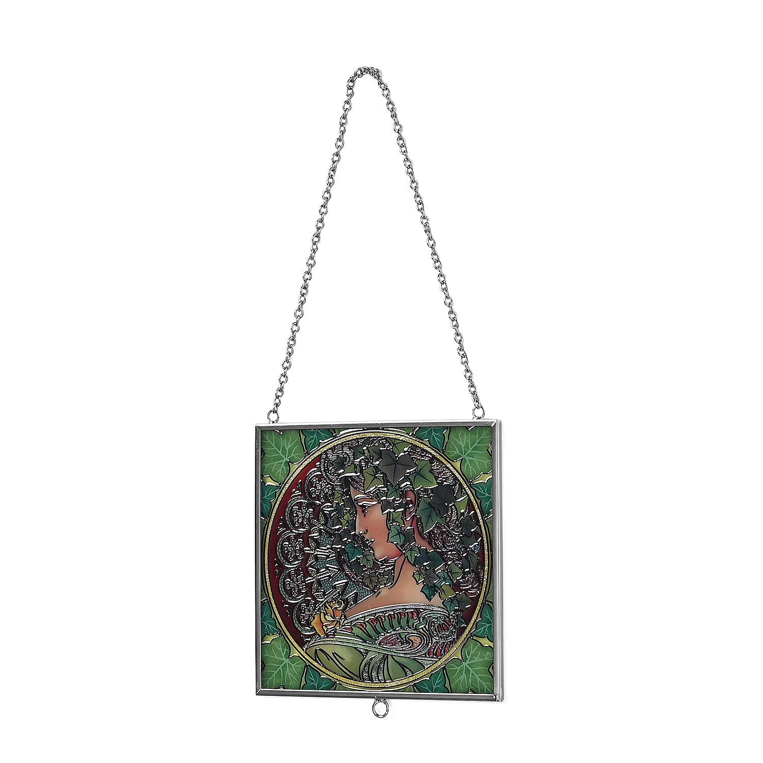 Alphonse Maria Mucha Glass Suncatcher - Square Pendant with Chain & Silver Frame - Multicolour