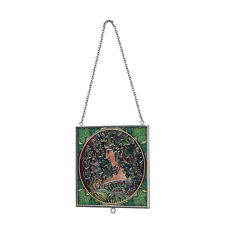 Alphonse Maria Mucha Glass Suncatcher - Square Pendant with Chain - Silver Frame - Dark Green