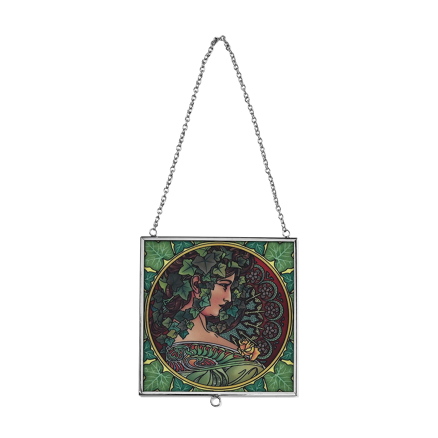 Alphonse Maria Mucha Glass Suncatcher - Square Pendant with Chain & Silver Frame - Multicolour