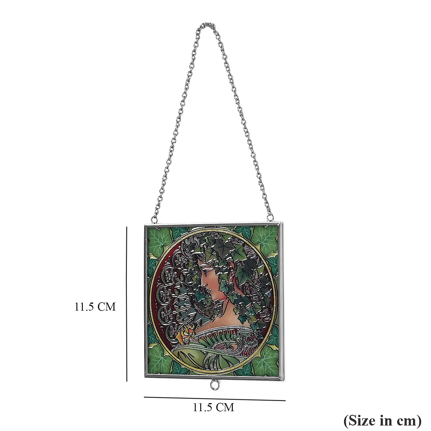 Alphonse Maria Mucha Glass Suncatcher - Square Pendant with Chain & Silver Frame - Multicolour