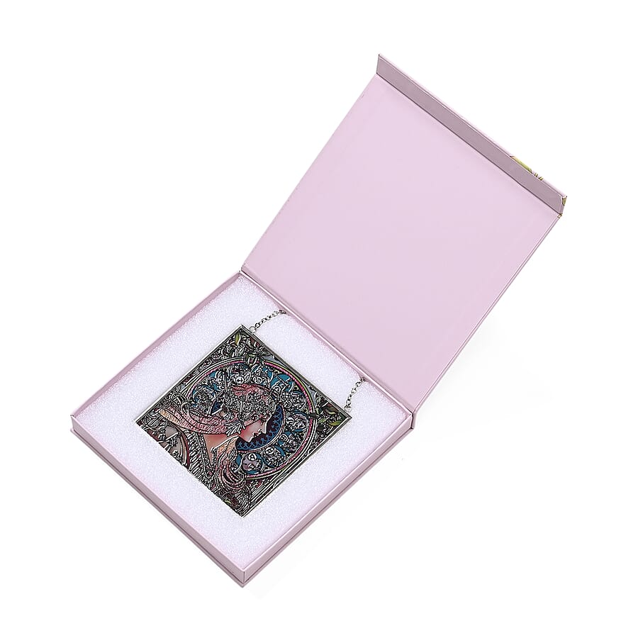 Alphonse Maria Mucha Glass Suncatcher - Square Pendant with Chain - Silver Frame - Multi