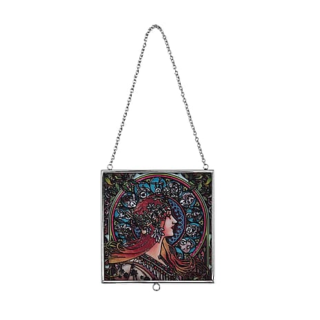 Alphonse Maria Mucha Glass Suncatcher - Square Pendant with Chain & Silver Frame - Multicolour