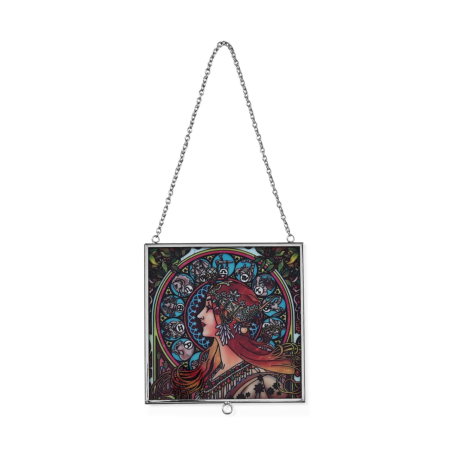 Alphonse Maria Mucha Glass Suncatcher - Square Pendant with Chain & Silver Frame - Multicolour