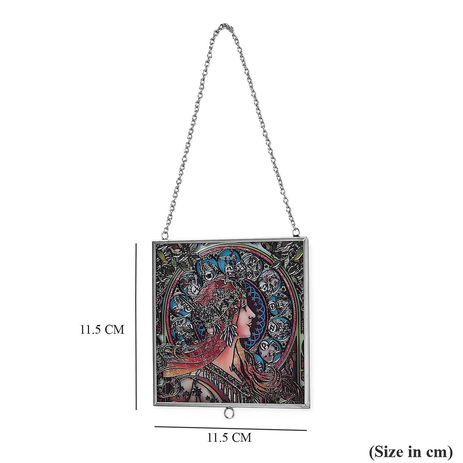 Alphonse Maria Mucha Glass Suncatcher - Square Pendant with Chain & Silver Frame - Multicolour
