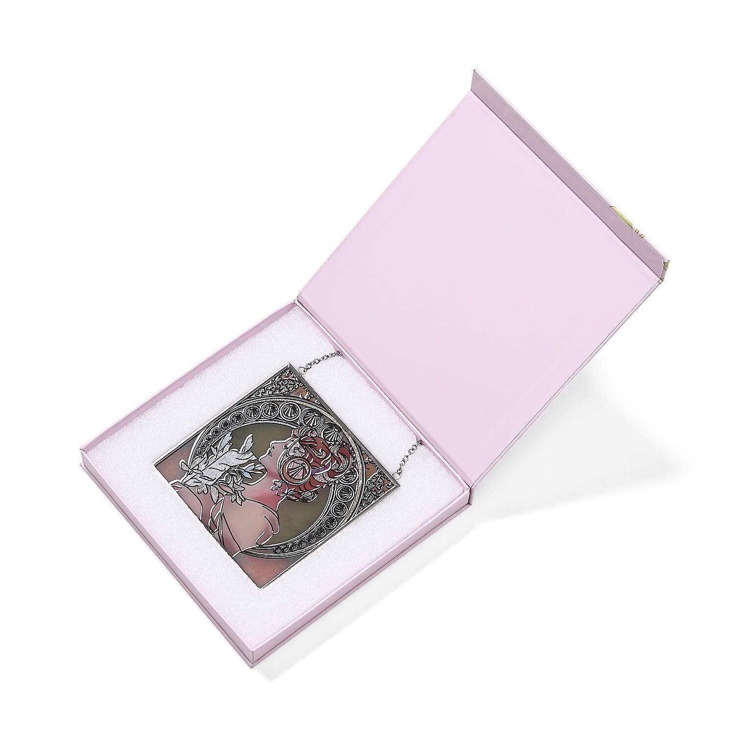 Alphonse Maria Mucha Glass Suncatcher - Square Pendant with Chain & Silver Frame - Multicolour