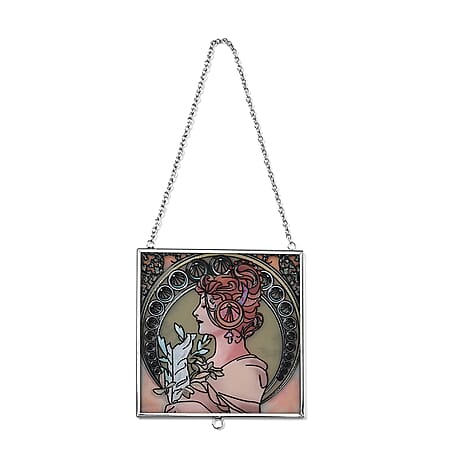 Alphonse Maria Mucha Glass Suncatcher - Square Pendant with Chain & Silver Frame - Multicolour