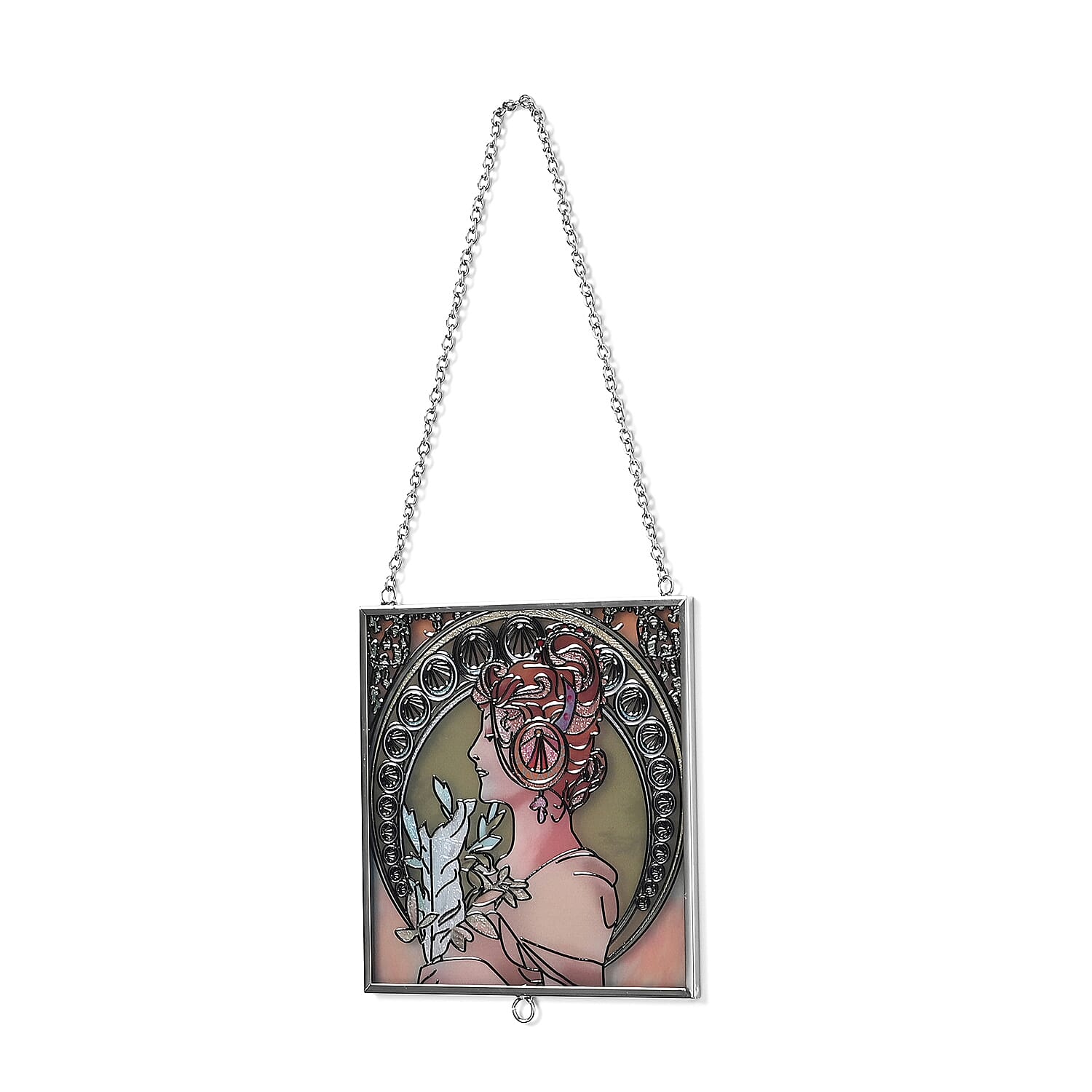 Alphonse Maria Mucha Glass Suncatcher - Square Pendant with Chain & Silver Frame - Multicolour
