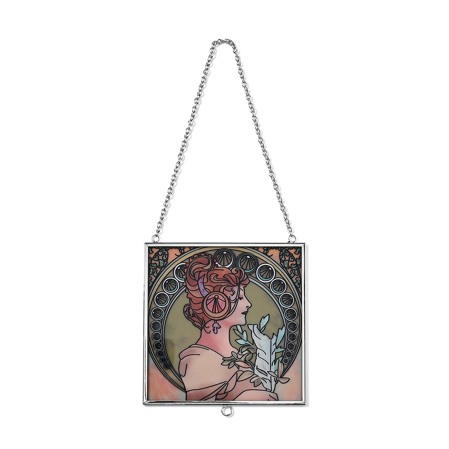 Alphonse Maria Mucha Glass Suncatcher - Square Pendant with Chain & Silver Frame - Multicolour