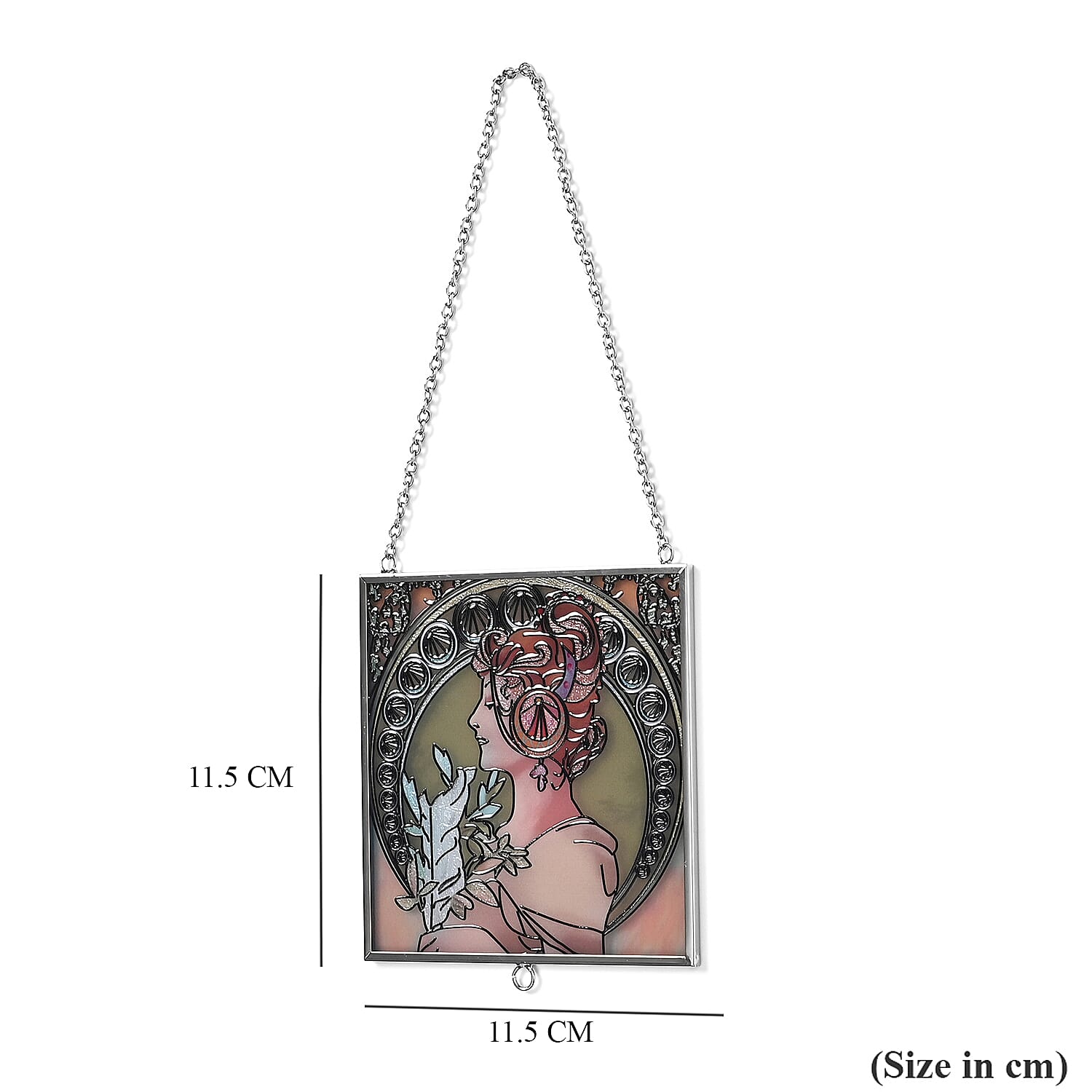 Alphonse Maria Mucha Glass Suncatcher - Square Pendant with Chain & Silver Frame - Multicolour