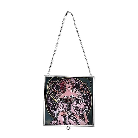 Alphonse Maria Mucha Glass Suncatcher - Square Pendant with Chain & Silver Frame - Multicolour