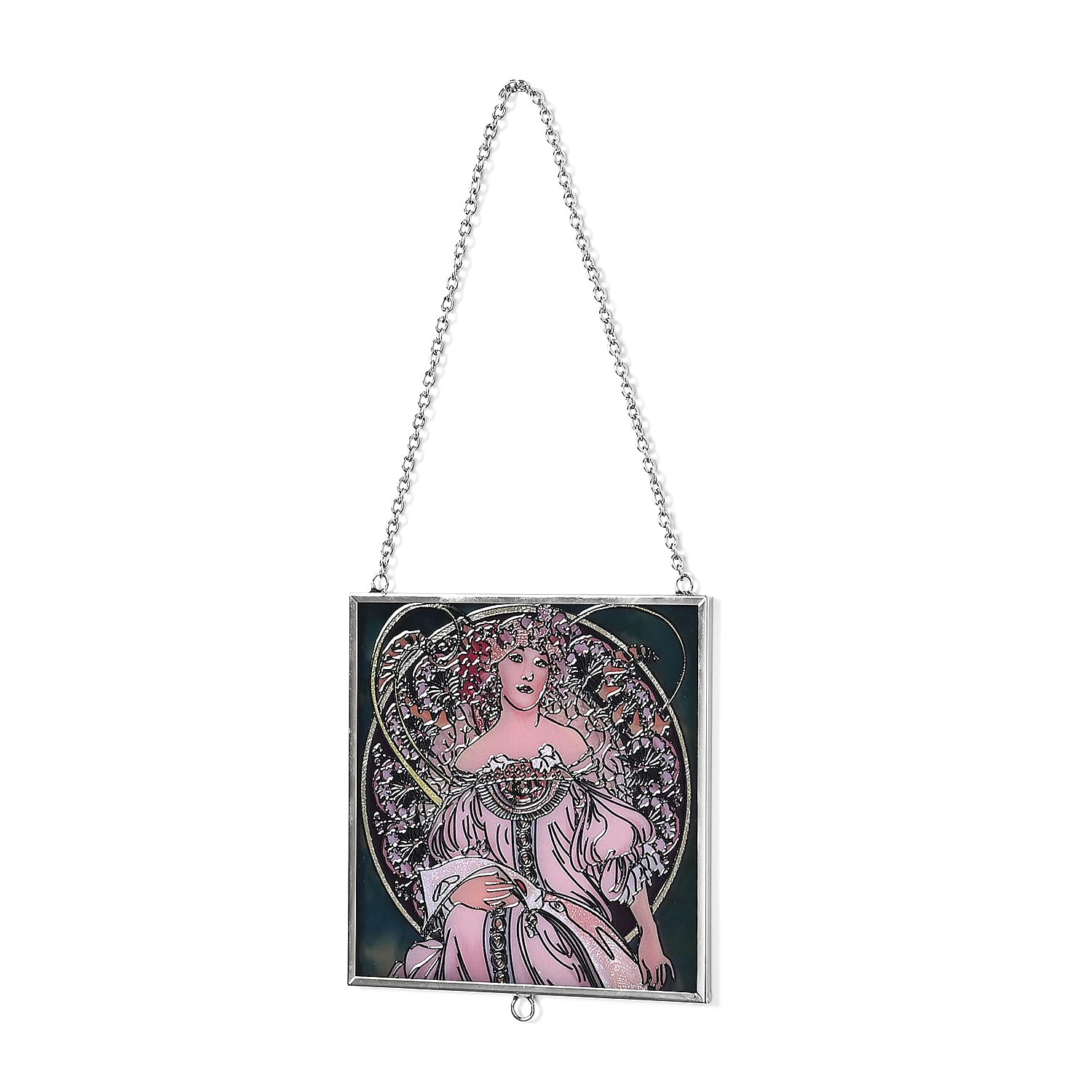 Alphonse Maria Mucha Glass Suncatcher - Square Pendant with Chain & Silver Frame - Multicolour