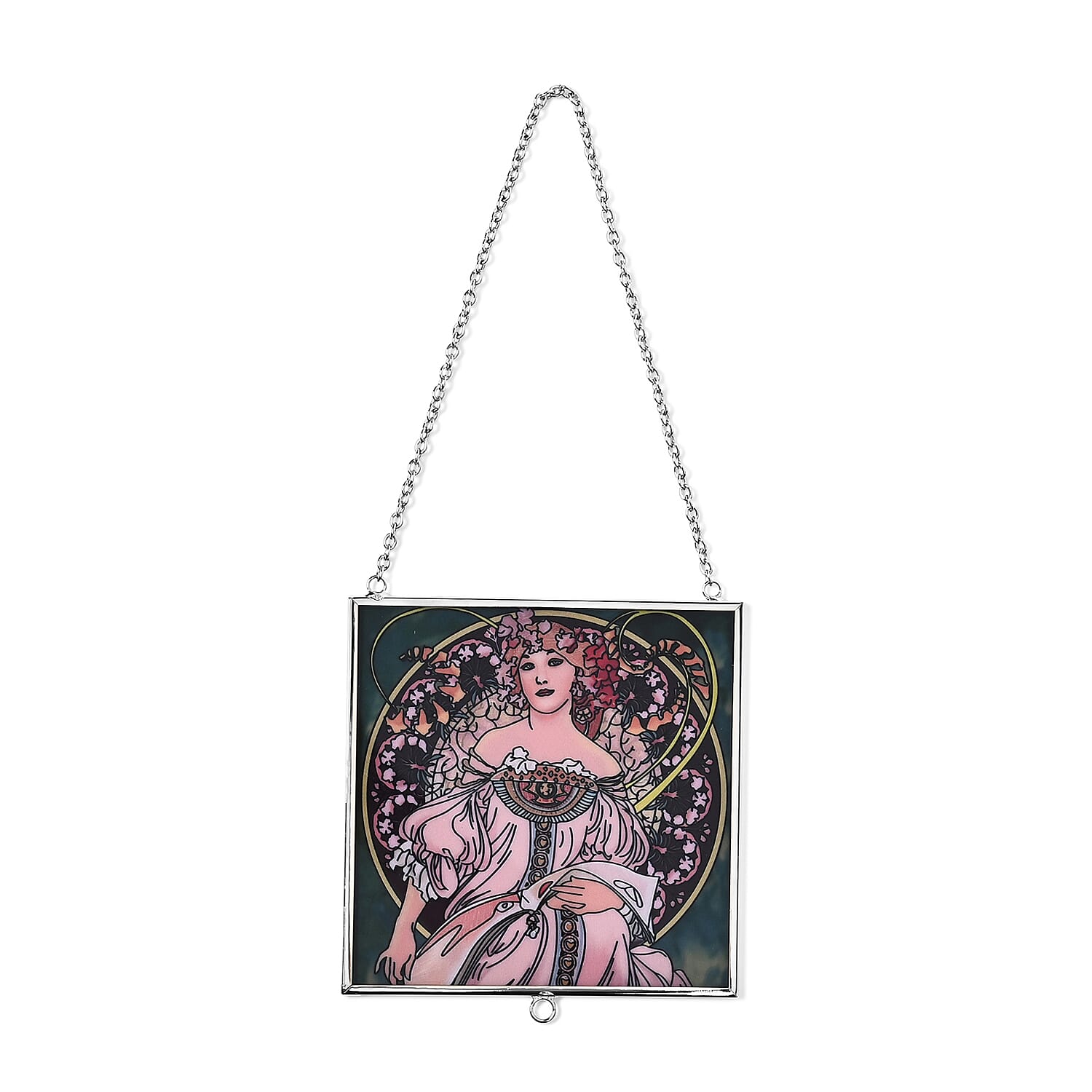 Alphonse Maria Mucha Glass Suncatcher - Square Pendant with Chain & Silver Frame - Multicolour