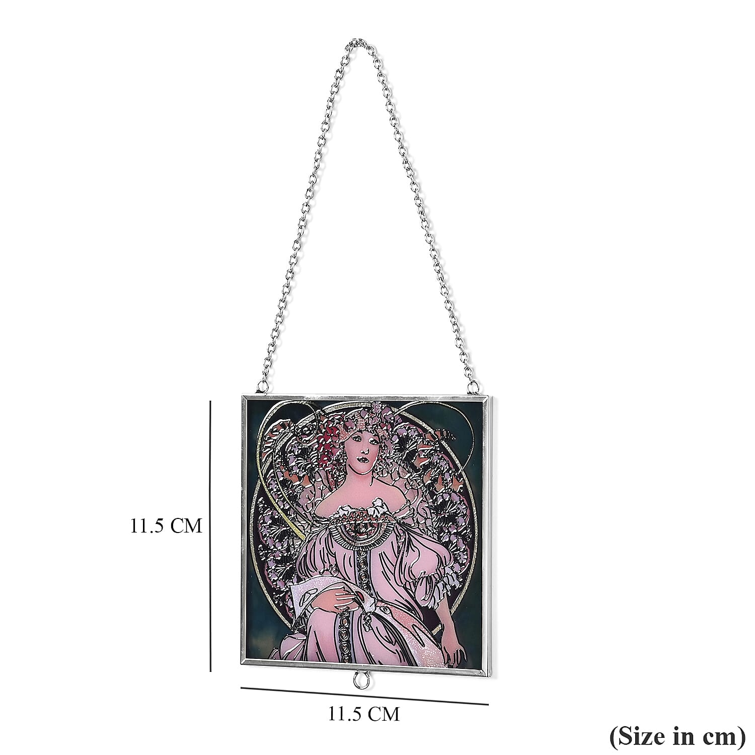 Alphonse Maria Mucha Glass Suncatcher - Square Pendant with Chain & Silver Frame - Multicolour