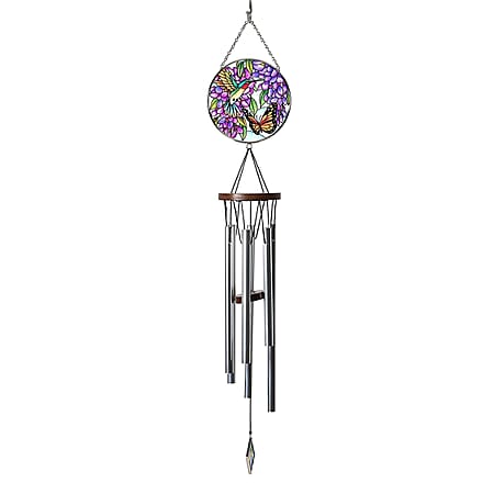 Butterfly, Birds - Purple Floral Design Glass Suncatcher - Round Hanging Pendant with Chain - Wind Chime (11.4x60cm) - Kingfisher