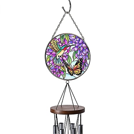 Butterfly, Birds - Purple Floral Design Glass Suncatcher - Round Hanging Pendant with Chain - Wind Chime (11.4x60cm) - Kingfisher