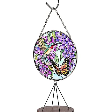 Butterfly, Birds - Purple Floral Design Glass Suncatcher - Round Hanging Pendant with Chain - Wind Chime (11.4x60cm) - Kingfisher