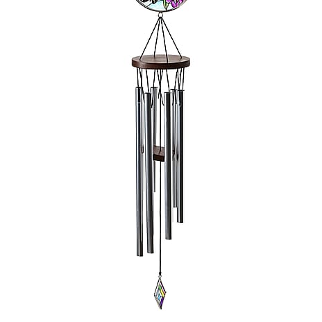 Butterfly, Birds - Purple Floral Design Glass Suncatcher - Round Hanging Pendant with Chain - Wind Chime (11.4x60cm) - Kingfisher