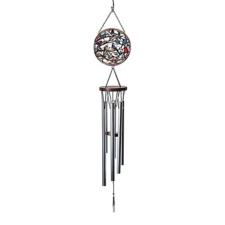 Birds in Tree Design Glass Suncatcher - Round Hanging Pendant with Chain - Wind Chime (11.4x60cm) - Birds