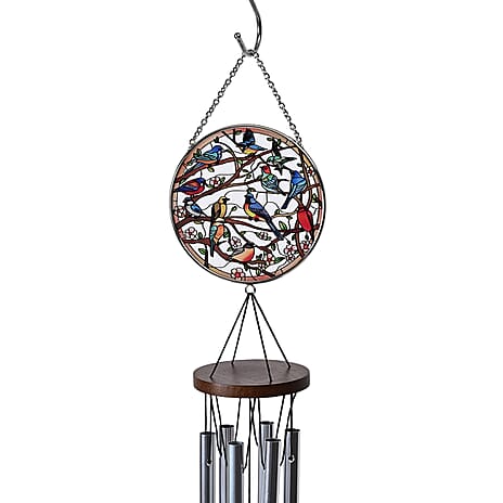 Birds in Tree Design Glass Suncatcher - Round Hanging Pendant with Chain - Wind Chime (11.4x60cm) - Birds