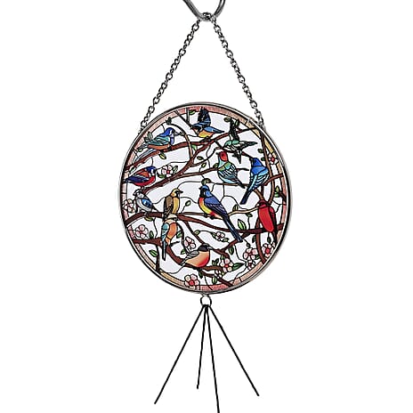 Birds in Tree Design Glass Suncatcher - Round Hanging Pendant with Chain - Wind Chime (11.4x60cm) - Birds