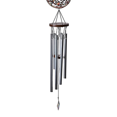 Birds in Tree Design Glass Suncatcher - Round Hanging Pendant with Chain - Wind Chime (11.4x60cm) - Birds