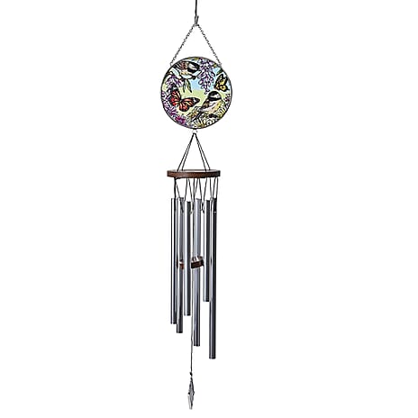 Butterfly, Birds - Floral Design Glass Suncatcher - Round Hanging Pendant with Chain - Wind Chime (11.4x60cm) - Butterfly