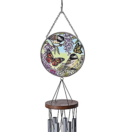 Butterfly, Birds - Floral Design Glass Suncatcher - Round Hanging Pendant with Chain - Wind Chime (11.4x60cm) - Butterfly