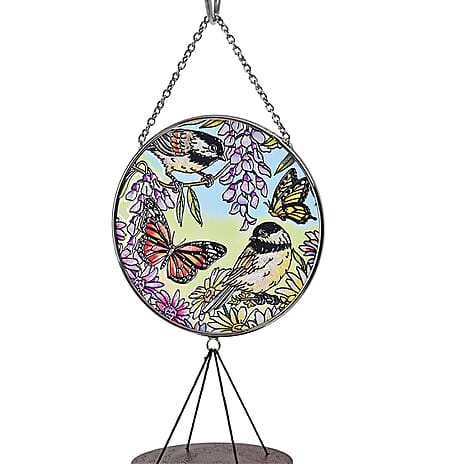 Butterfly, Birds - Floral Design Glass Suncatcher - Round Hanging Pendant with Chain - Wind Chime (11.4x60cm) - Butterfly