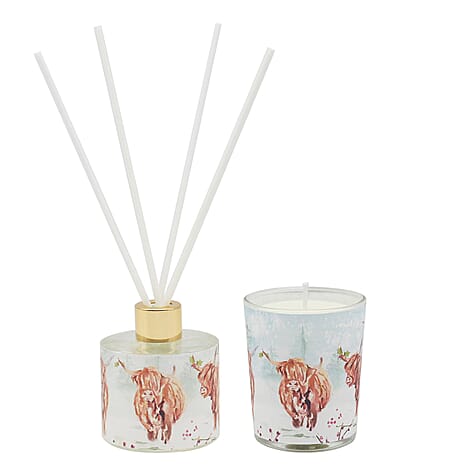 The Leonardo Collection Hand Poured Sparkling Christmas Candle & Diffuser Set - Highland Cows