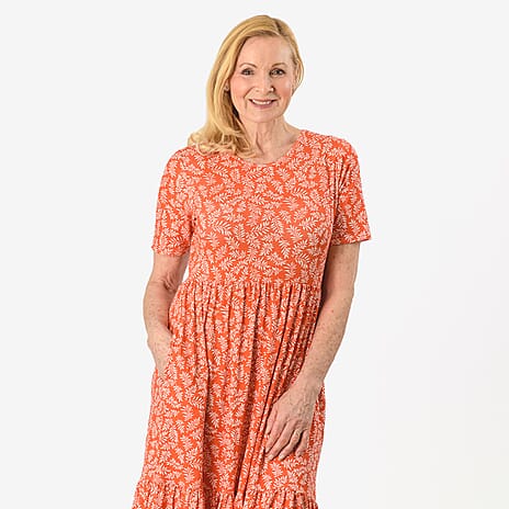 Emelia Leaf Print Ruffled Midi Dress (Size XL) - Coral