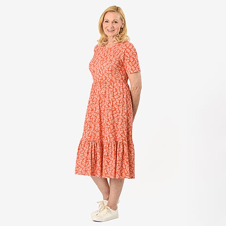 Emelia Leaf Print Ruffled Midi Dress (Size XL) - Coral