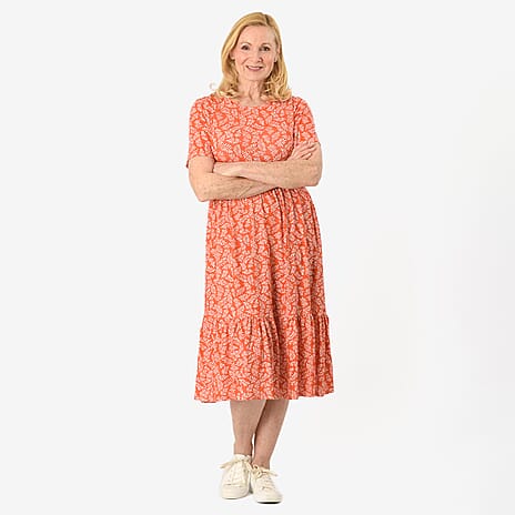 Emelia Leaf Print Ruffled Midi Dress (Size XXL) - Coral