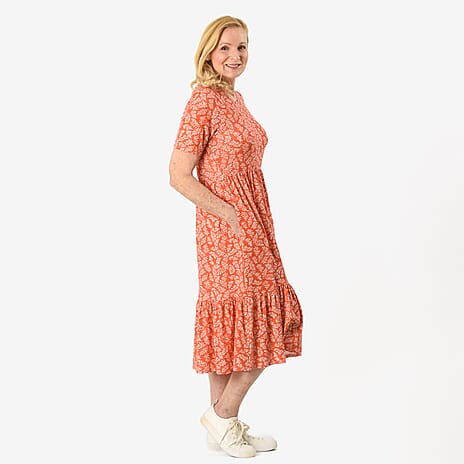 Emelia Leaf Print Ruffled Midi Dress (Size XXL) - Coral