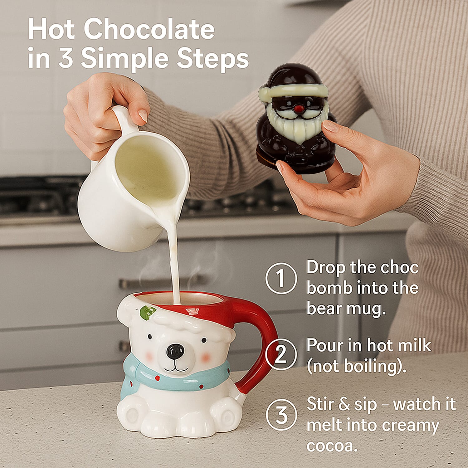 The Leonardo Collection Bear Mug & Choc Bomb Christmas Gift Set - White & Red