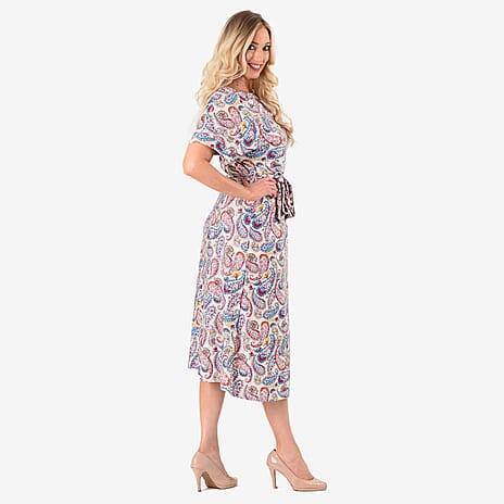 - Maisi Belted Printed Midi Dress (Size L) - Beige