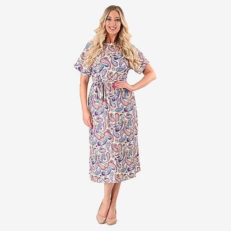 - Maisi Belted Printed Midi Dress (Size M) - Beige