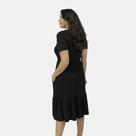 Emelia Womens Tiered Elastic Waist Casual Midi Dress with Pockets (Size XL) - Black