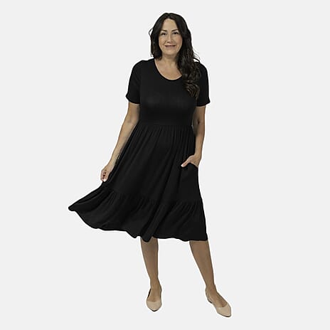 Emelia Womens Tiered Elastic Waist Casual Midi Dress with Pockets (Size XXL) - Black
