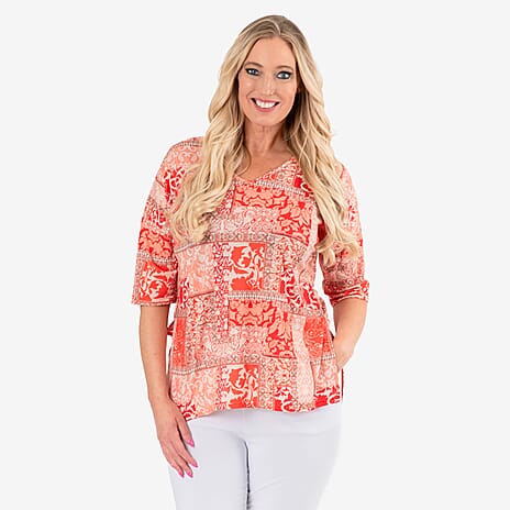 Emelia Patchwork-Style Print Two Way Top (Size XL) - Orange Red