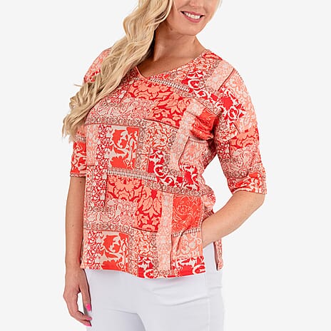 Emelia Patchwork-Style Print Two Way Top (Size XL) - Orange Red