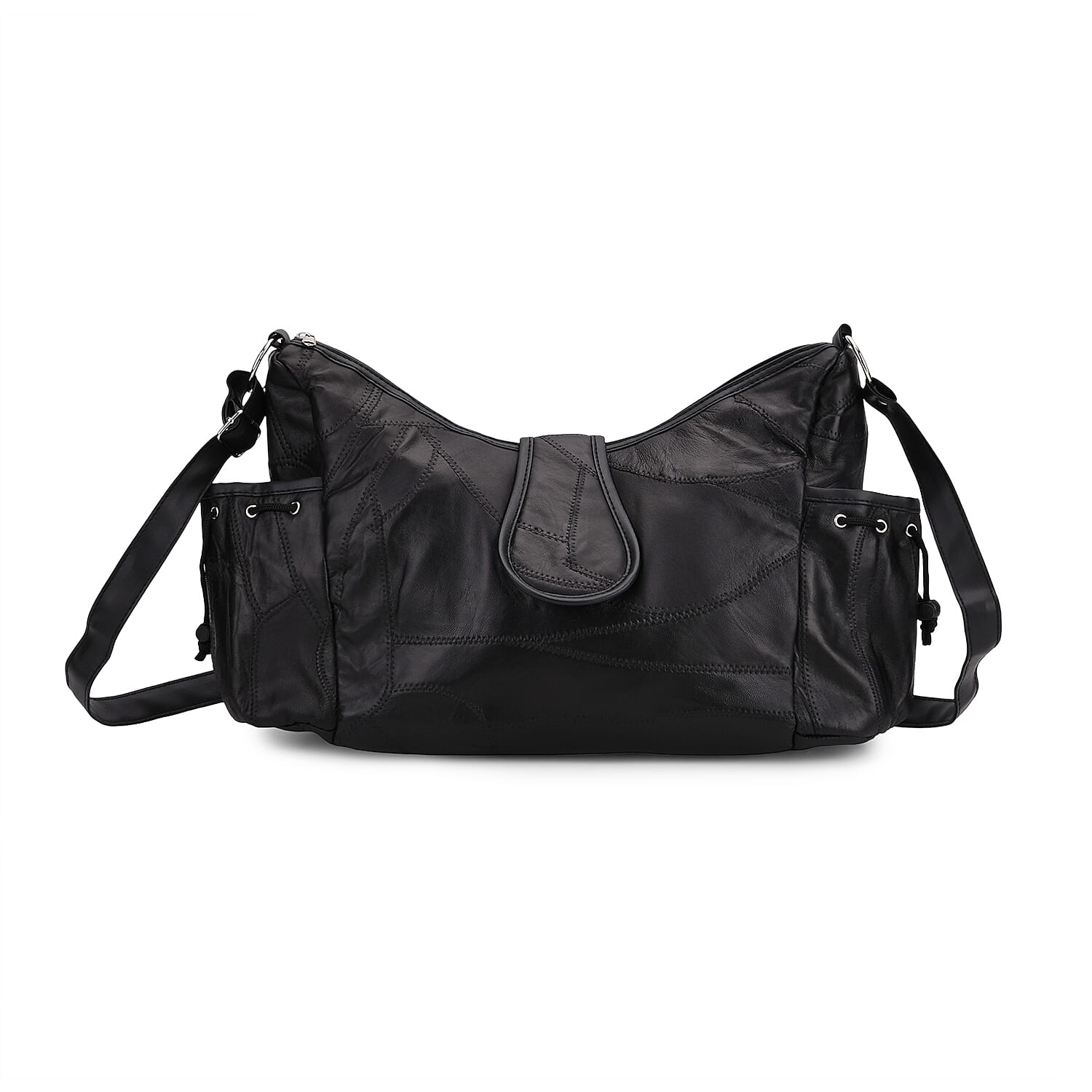 Genuine Leather Slouchy Shoulder Bag with Side Drawstring Pockets - Black