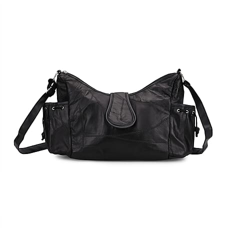 Florence CloseOut - Genuine Leather Slouchy Shoulder Bag with Side Drawstring Pockets - Black