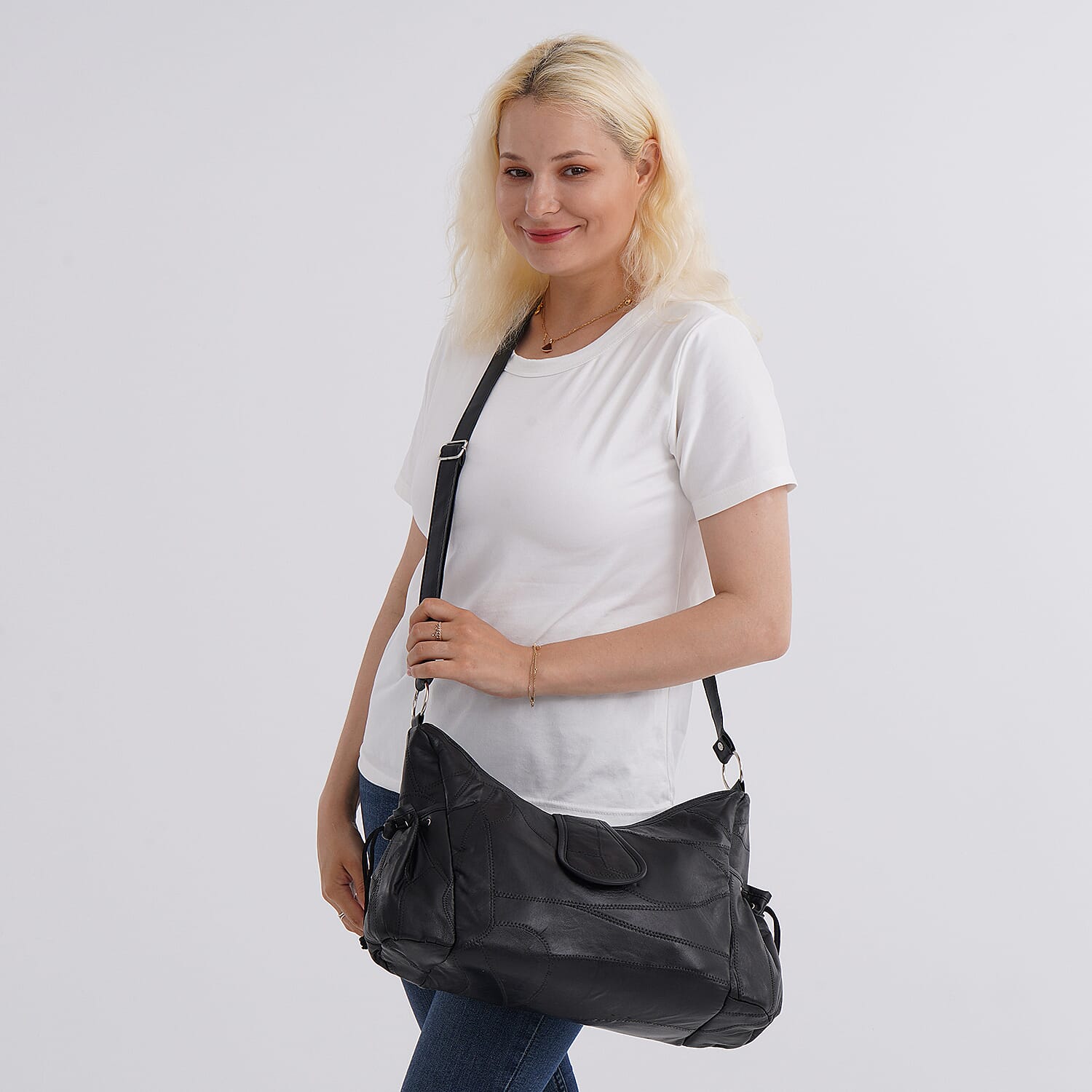 Genuine Leather Slouchy Shoulder Bag with Side Drawstring Pockets - Black