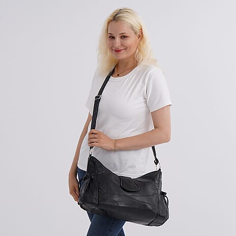Florence CloseOut - Genuine Leather Slouchy Shoulder Bag with Side Drawstring Pockets - Black